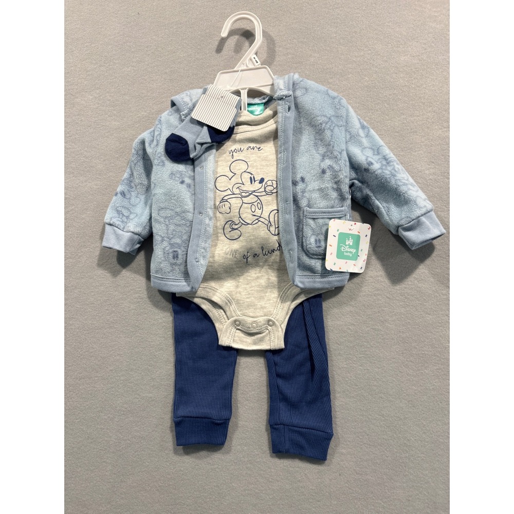 Disney Baby Mickey Mouse 4 Piece Fleece Jacket Bodysuit Pants Socks Set 6-9M NEW